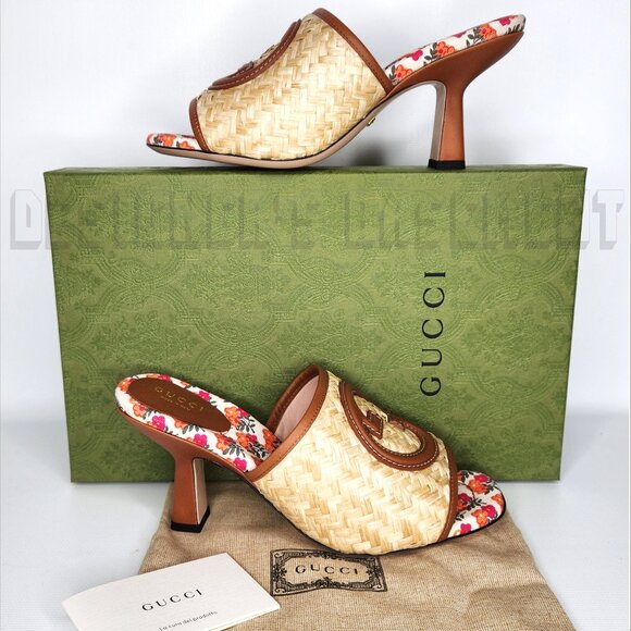 GUCCI Mabel Raffia 39.5EU-9.5US leather Interlocking GG Slide heel Sandals shoes - Picture 3 of 10
